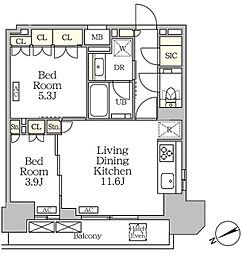 ザ・パークハビオ大森山王 16階2LDKの間取り
