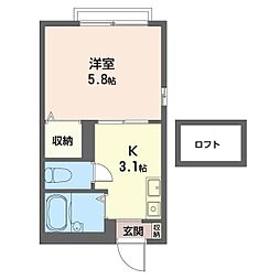 グリーンサイドハイム 2階1Kの間取り
