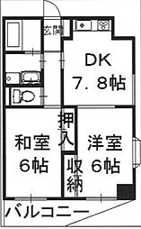 ヴィラ峯 6階2DKの間取り