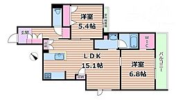 阪急京都本線 上新庄駅 徒歩5分の賃貸マンション 4階2LDKの間取り