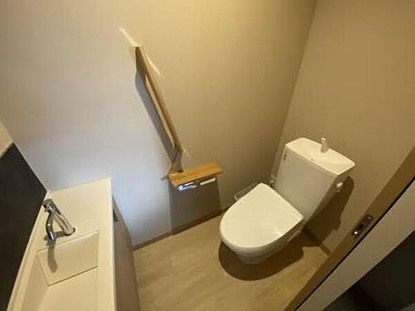 画像13:手洗い台が置いてある暖房洗浄便座付きのトイレ空間です。