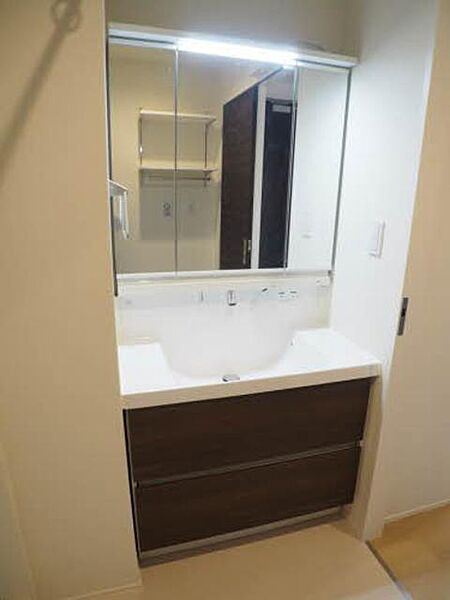 画像17:■洗面所■　身支度に便利な三面鏡の洗面化粧台です。シャワー水栓付きでシャンプーもできます。