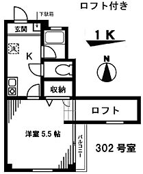 メゾンSAM 3階1Kの間取り