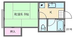 第1シャトル汐見 2階1Kの間取り