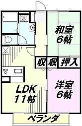 JR中央線 八王子駅 バス20分 神社前下車 徒歩4分の賃貸アパート 2階2LDKの間取り