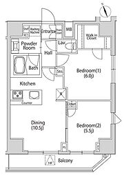 JR山手線 新橋駅 徒歩8分の賃貸マンション 14階2DKの間取り