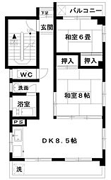 八木ビル 3階2DKの間取り