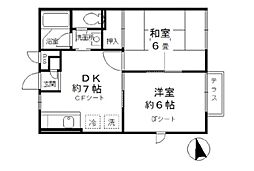 グランドゥールユイットA棟 2DKの間取図画像