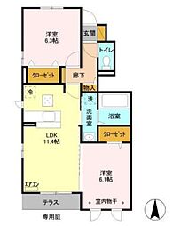 クレールフラッツ天王台 2LDKの間取図画像
