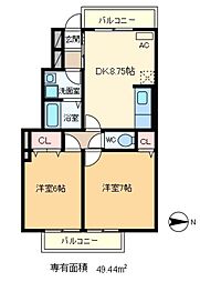 カーサメルヴェーユ 1階2DKの間取り