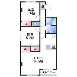 水原マンションIII 3階2LDKの間取り
