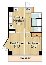 JR横浜線 橋本駅 徒歩5分の賃貸マンション 7階2DKの間取り
