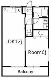 シティハイムニシダイＢ 2階1LDKの間取り