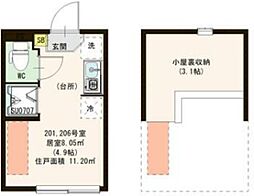 東急多摩川線 矢口渡駅 徒歩7分の賃貸アパート 2階ワンルームの間取り