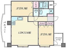 イーストコート箱崎 4階2LDKの間取り
