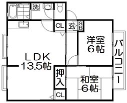 サンビレッジ池之宮　Ｂ棟 1階2LDKの間取り