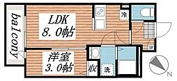 カーサリッツ八千代台 2階1LDKの間取り