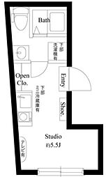 アズ信濃町レジデンス 2階ワンルームの間取り