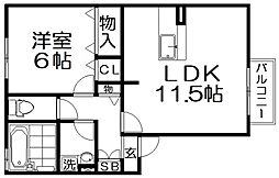 コンフォートくすはＡ棟 2階1LDKの間取り