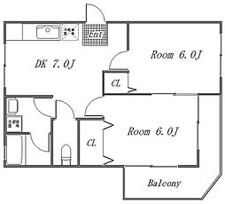 第1ゼルコバマンション 2階2DKの間取り