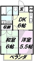 クレイドル21 2階2DKの間取り