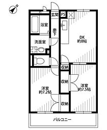 アンプルール フェール ドリーミ 1階2DKの間取り
