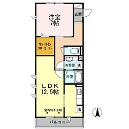 エクセルハイムII 1階1LDKの間取り