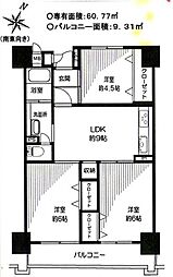 越中島三丁目ハイツ 1号棟 13階3LDKの間取り