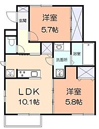 オークテラス 1階2LDKの間取り