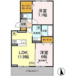 コンフォールクレール 3階2LDKの間取り