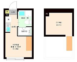 ハーモニーテラス 平井X 1階ワンルームの間取り