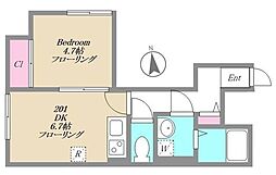 ＨＡＧＡＫＵＲＥ 2階1DKの間取り