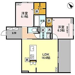 グリーンスクエア グラサ 西 2LDKの間取図画像