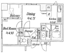 サンヴェール人形町グランデ 4階1DKの間取り
