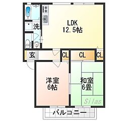 サンビレッジ大北山　E 2階2LDKの間取り
