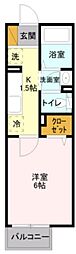 プリュネル 1階1Kの間取り