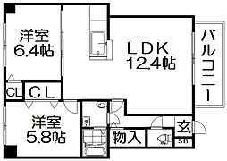 アルカザーレふじ 1階2LDKの間取り