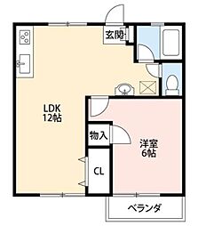 クレール坂下B棟 1DKの間取図画像