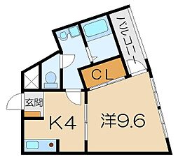 レジデンス荒松 2階1Kの間取り