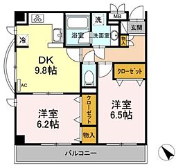 グランディールはるひ野 2DKの間取図画像