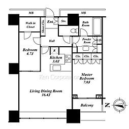 高輪ザ・レジデンス 25階2LDKの間取り