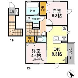 クレールコート 2階2DKの間取り
