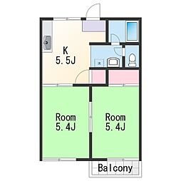 タウニィ料理松 1階2Kの間取り