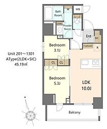 Alivis十条 9階2LDKの間取り