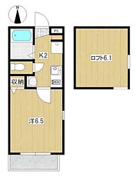 ロカ壱番館 2階1Kの間取り