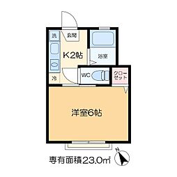 イオチハイツ2号棟 2階1Kの間取り