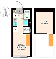 ハーモニーテラス東新町II 2階ワンルームの間取り