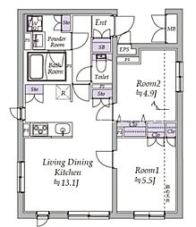 アトリオフラッツ日暮里 5階2LDKの間取り