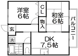コスモ・コート東 2DKの間取図画像