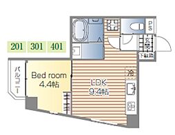 コスモグランデII 3階1LDKの間取り